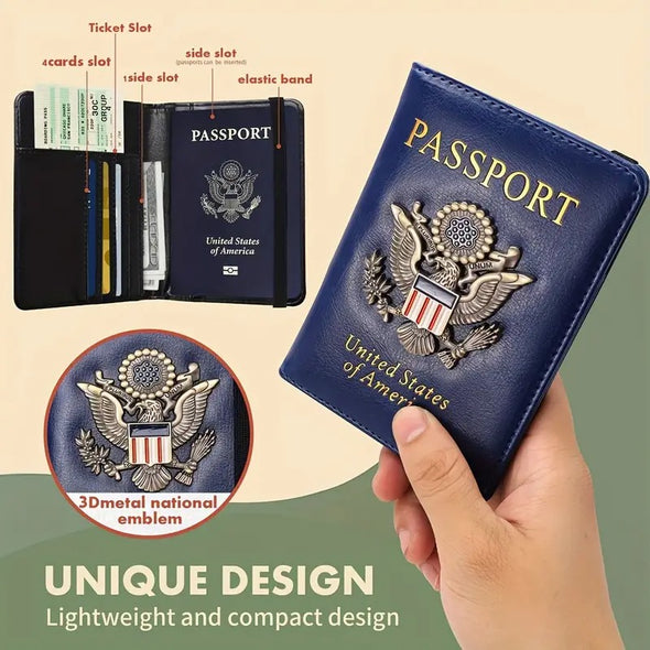 RFID Blocking Passport Holder for Women Men, Leather Passport Travel Wallet with 3D Metal Badge, Travel Document Holder Cover Accessories