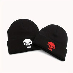 Punisher skull embroidered black knitted beanie